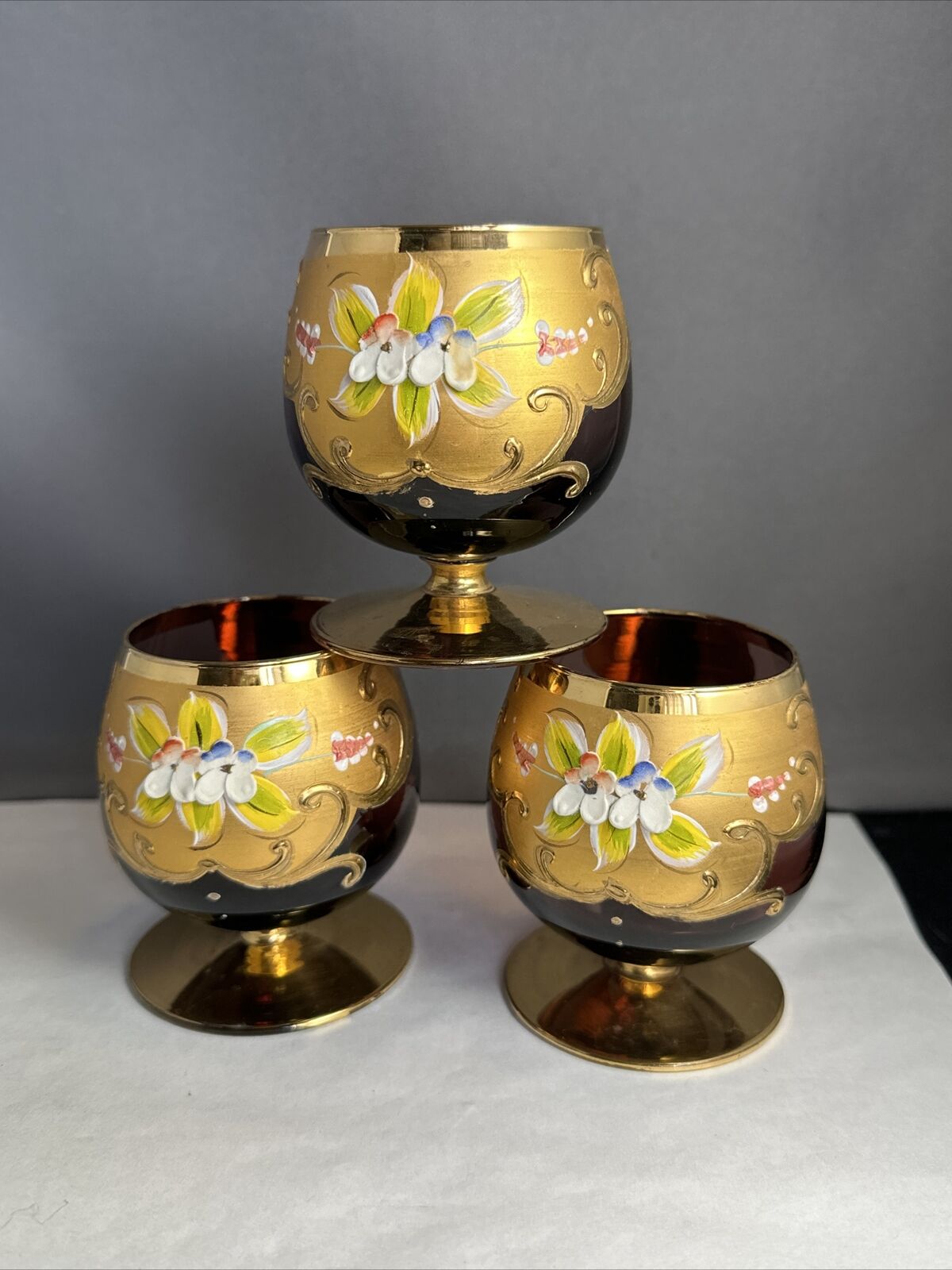 Three Moser Early 1900S Brandi Sniffer Glasses