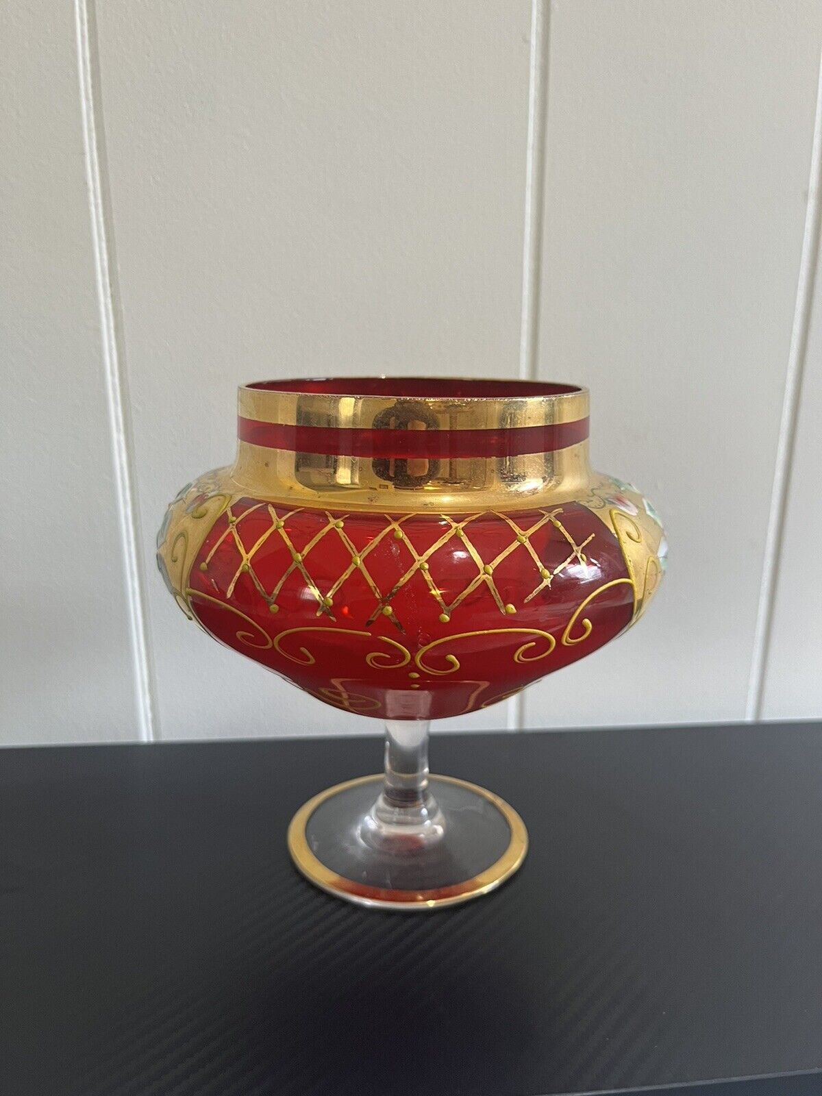 RARE 1800s Vintage Czech Red Wine Goblet Glass w/ Enameled Flowers & Gold Tone