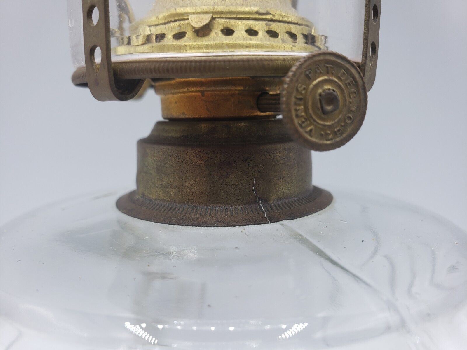 Pickard Pattern Glass Finger Oil Lamp w/Venus c.1867 Burner & Pie Crust Chimney