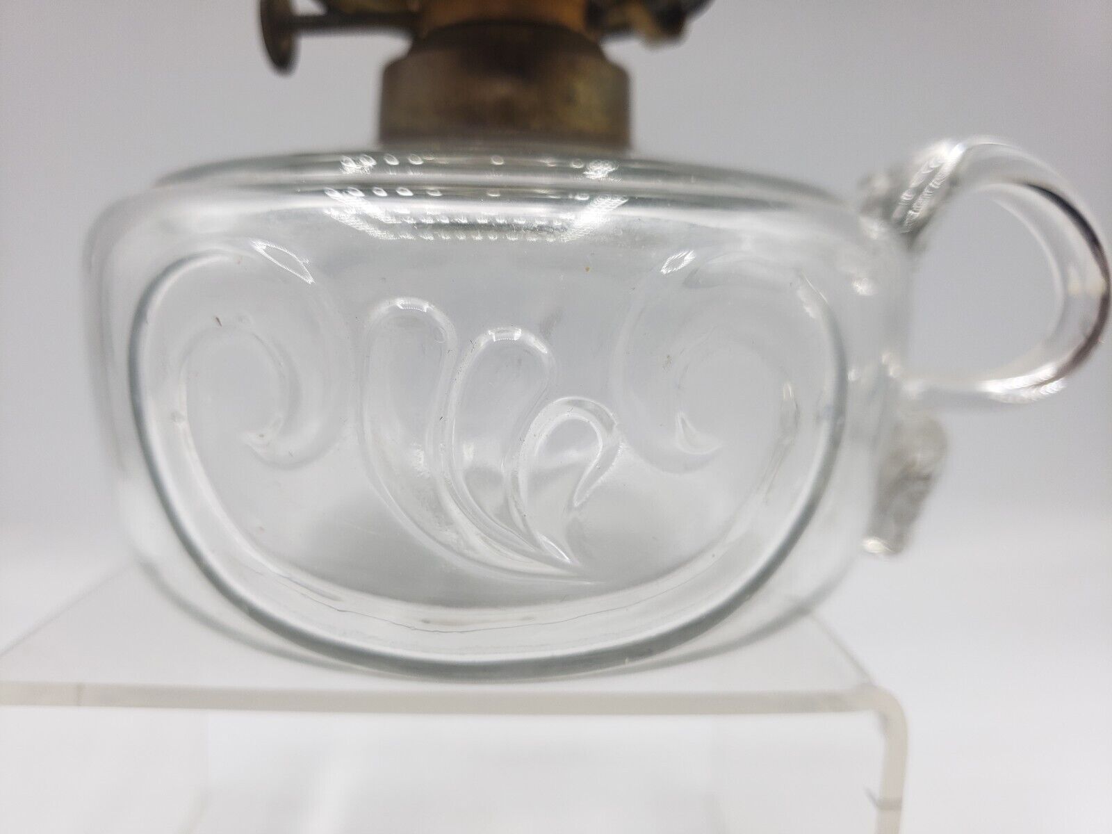 Pickard Pattern Glass Finger Oil Lamp w/Venus c.1867 Burner & Pie Crust Chimney