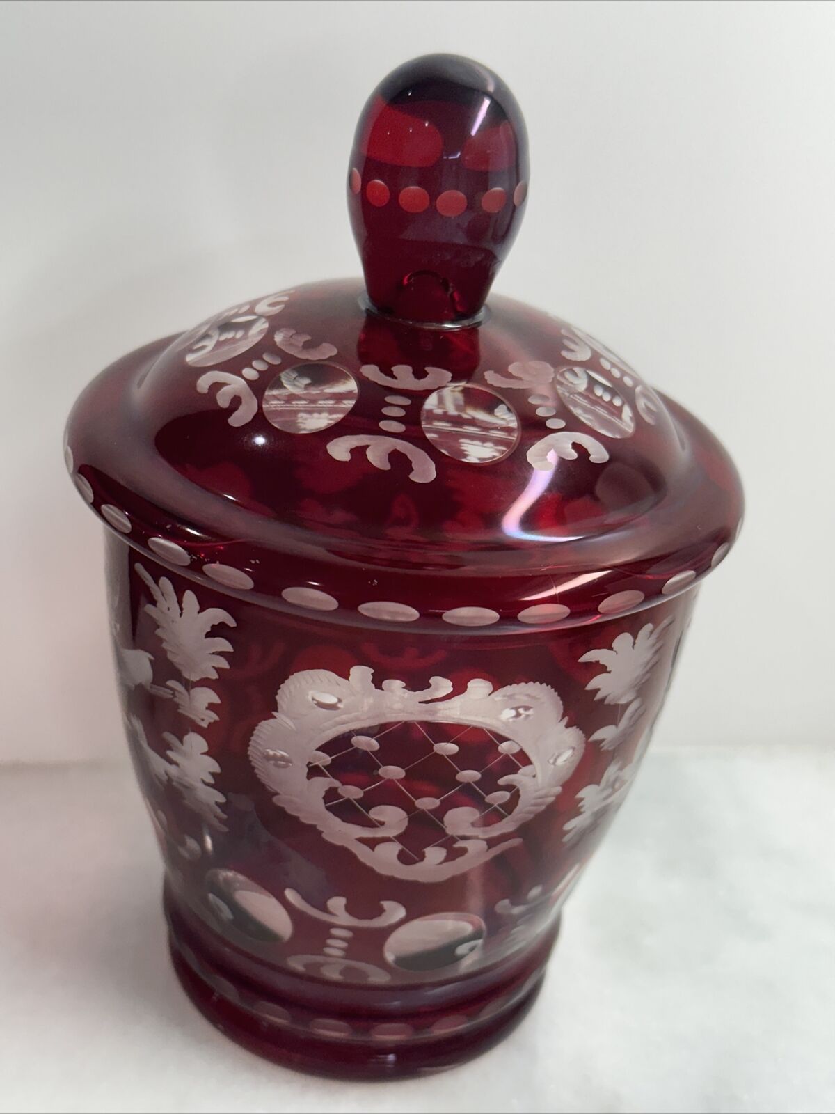 Antique Bombonniere - Ruby Cut & Etched Glass Overcast with Cover
