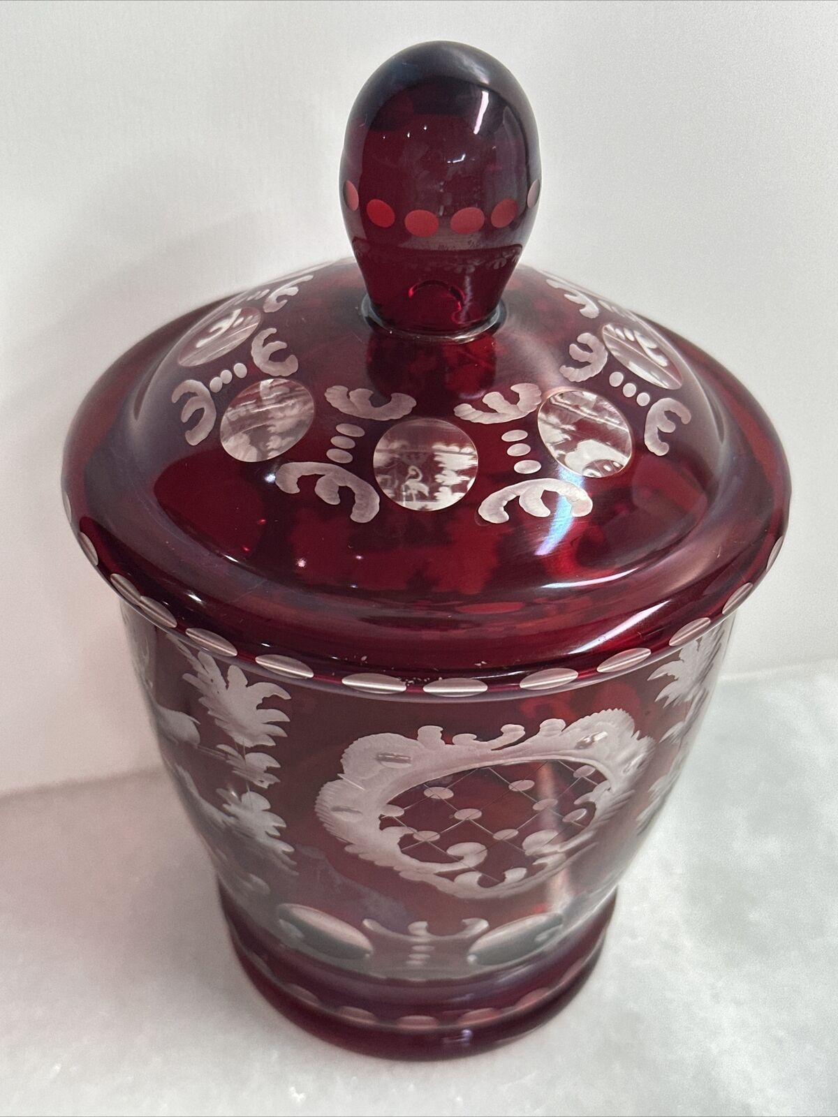 Antique Bombonniere - Ruby Cut & Etched Glass Overcast with Cover