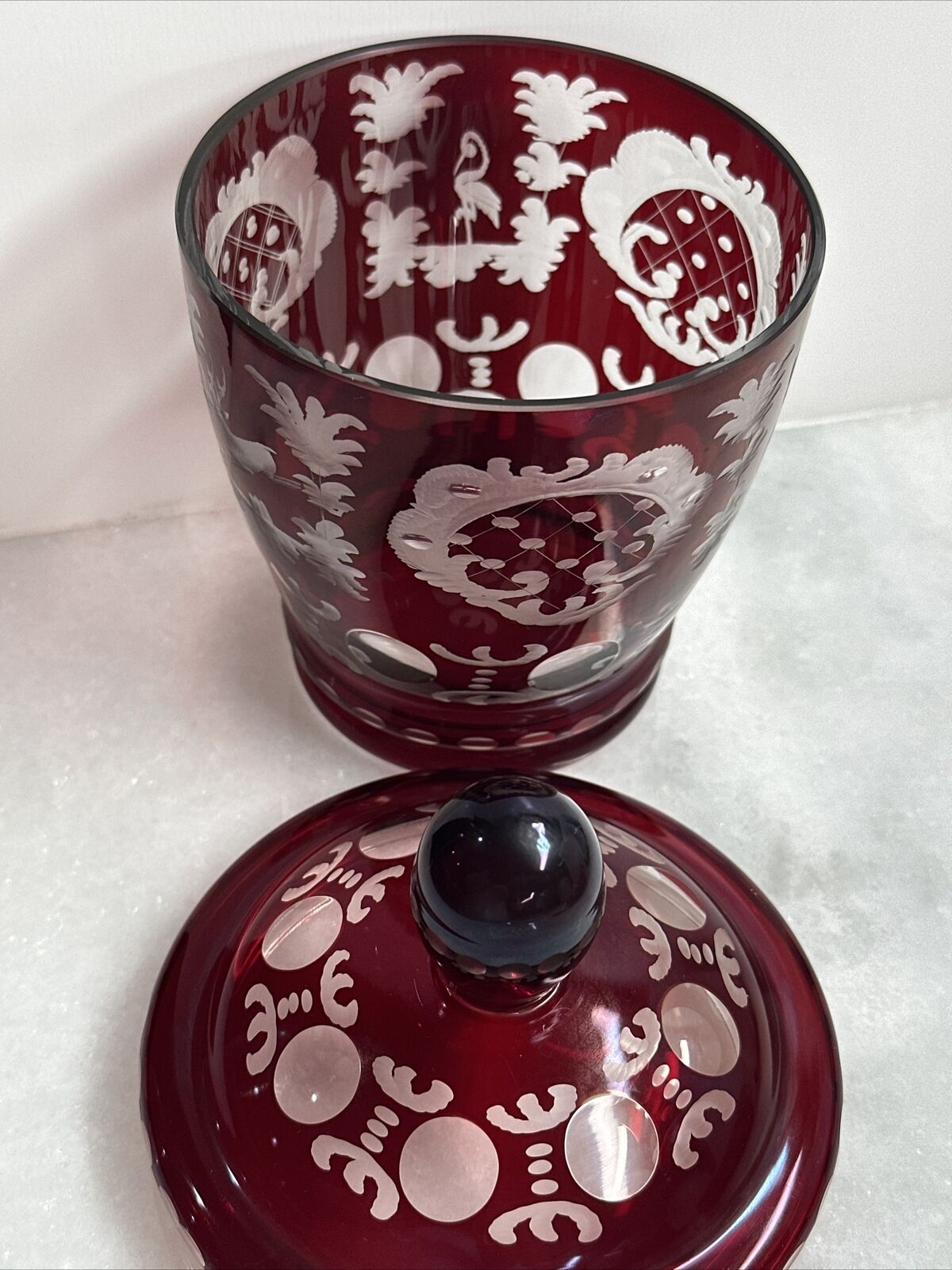 Antique Bombonniere - Ruby Cut & Etched Glass Overcast with Cover