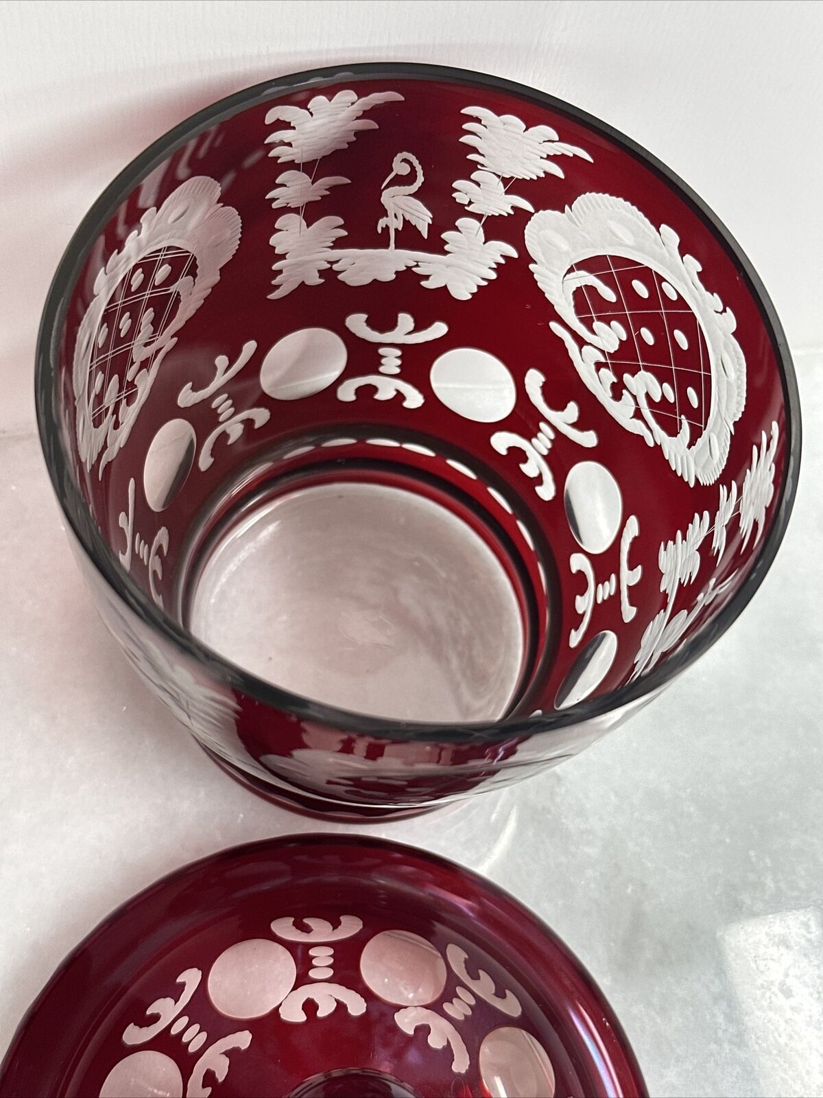 Antique Bombonniere - Ruby Cut & Etched Glass Overcast with Cover