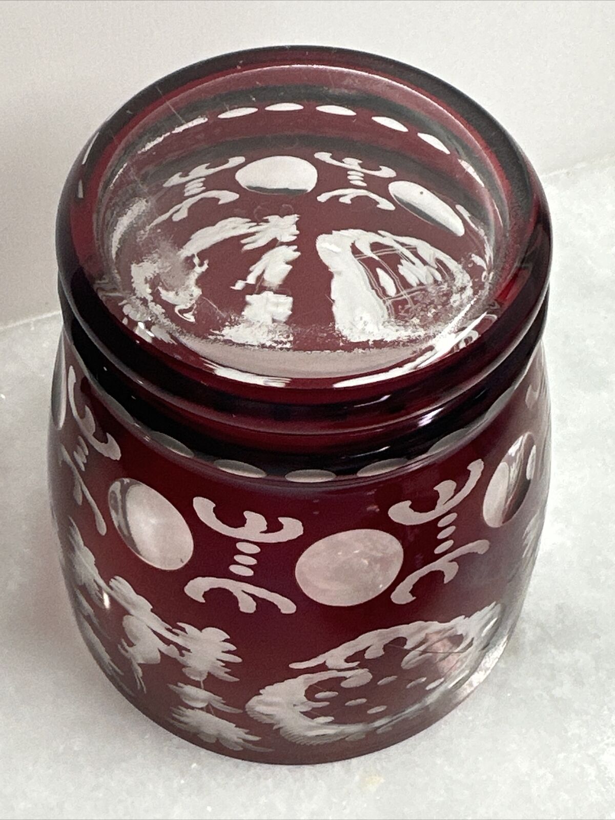 Antique Bombonniere - Ruby Cut & Etched Glass Overcast with Cover