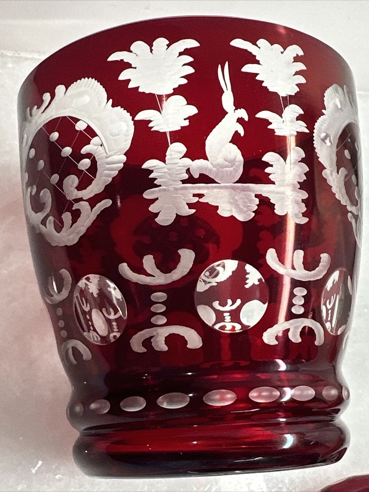 Antique Bombonniere - Ruby Cut & Etched Glass Overcast with Cover