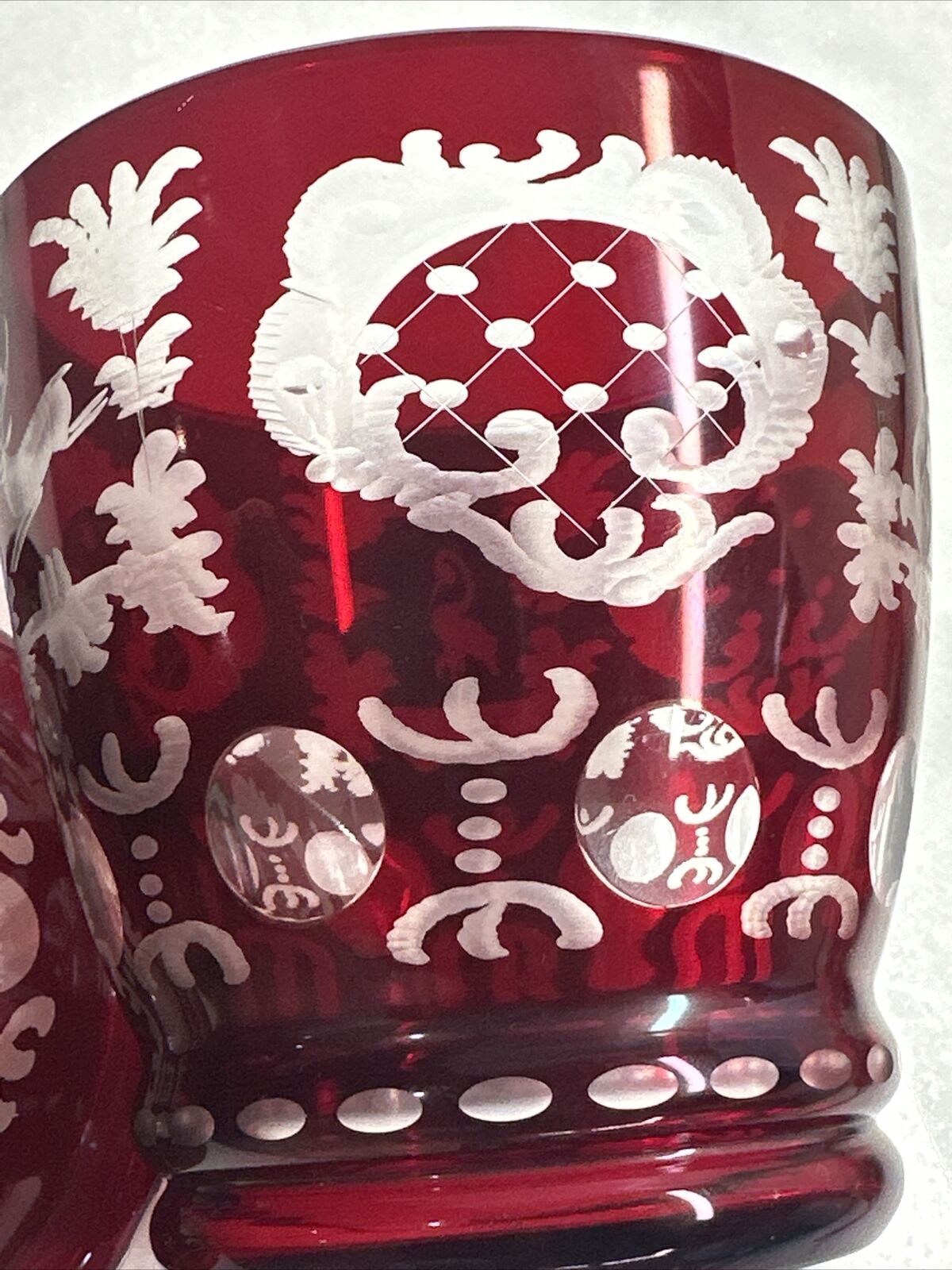 Antique Bombonniere - Ruby Cut & Etched Glass Overcast with Cover