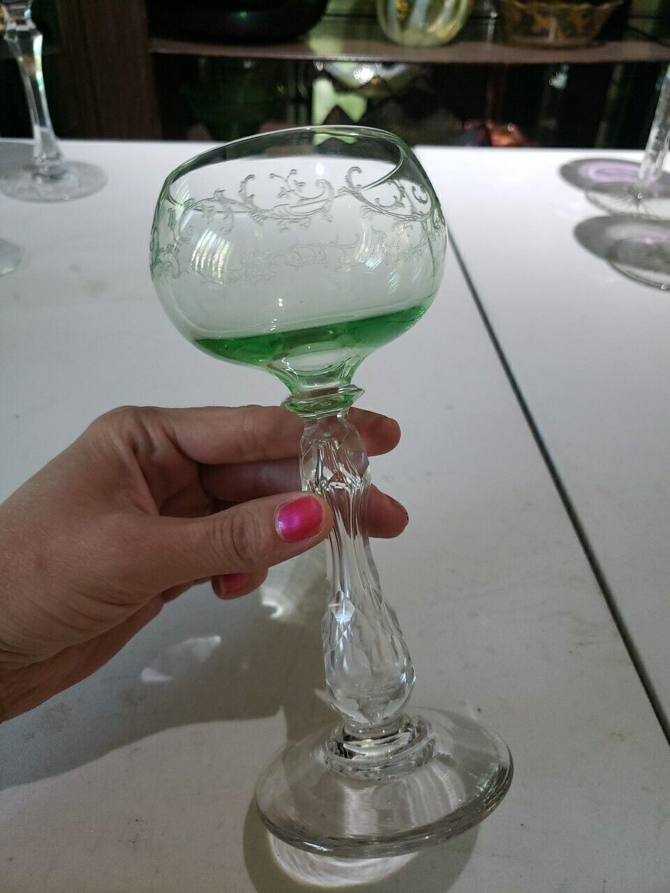 Wine Roemer Glass Goblet Hock c1900 Saint Louis Crystal Uranium Green etch bubbl