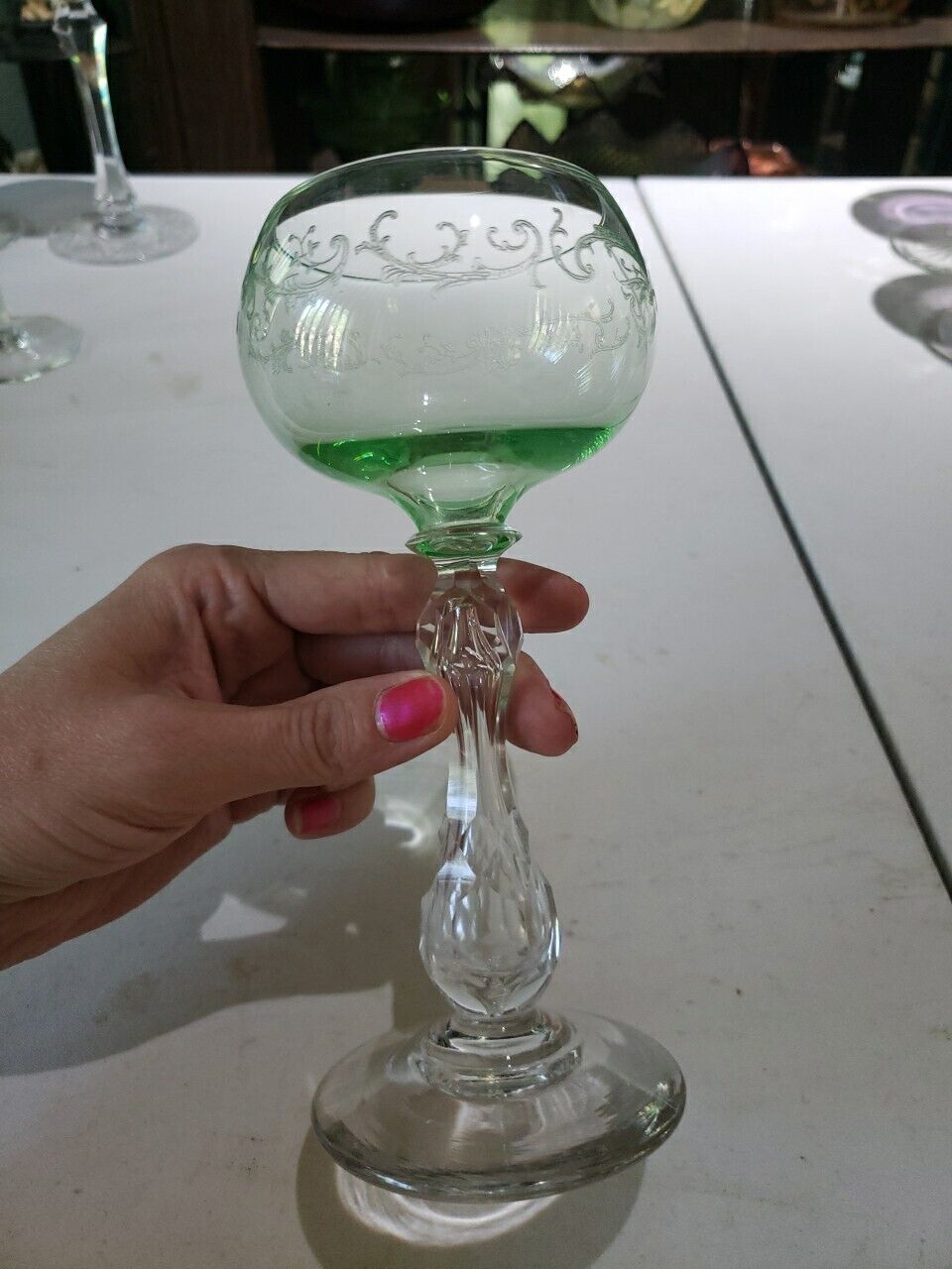 Wine Roemer Glass Goblet Hock c1900 Saint Louis Crystal Uranium Green etch bubbl