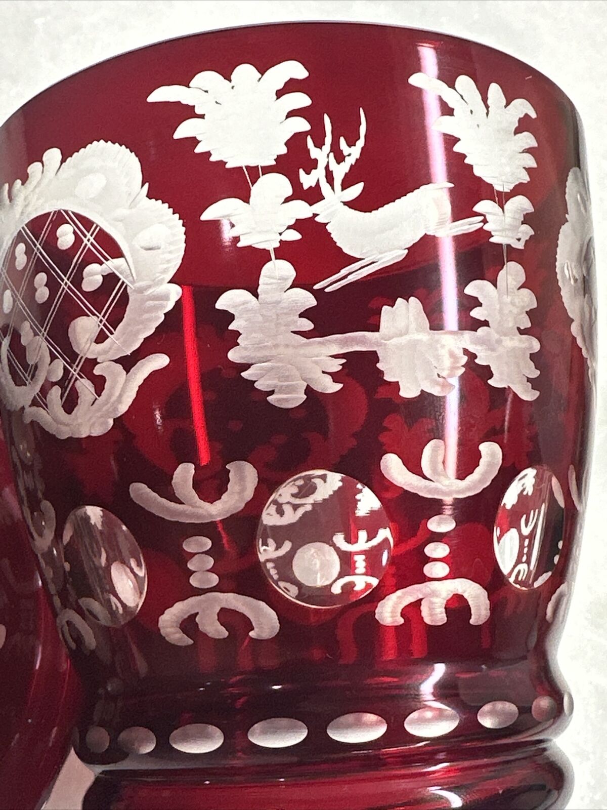 Antique Bombonniere - Ruby Cut & Etched Glass Overcast with Cover