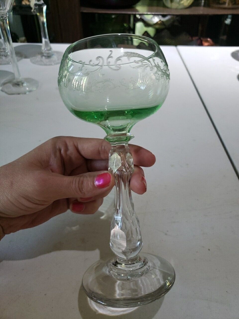 Wine Roemer Glass Goblet Hock c1900 Saint Louis Crystal Uranium Green etch bubbl