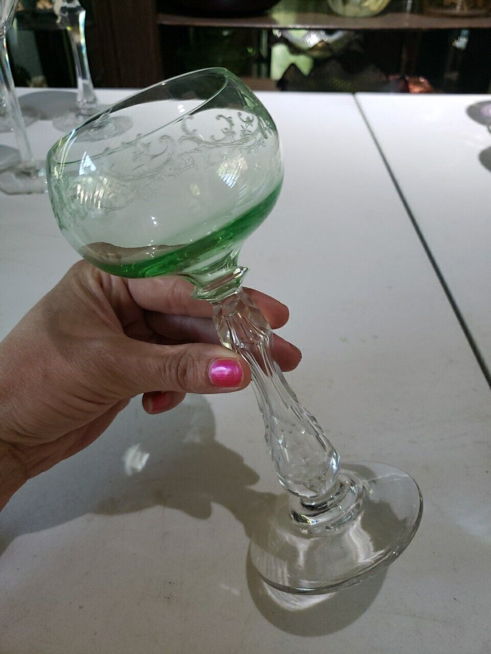 Wine Roemer Glass Goblet Hock c1900 Saint Louis Crystal Uranium Green etch bubbl