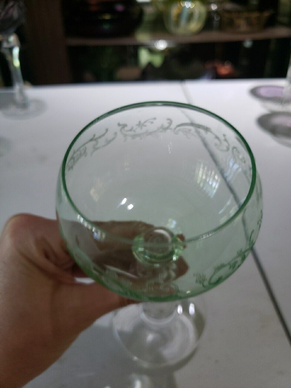 Wine Roemer Glass Goblet Hock c1900 Saint Louis Crystal Uranium Green etch bubbl