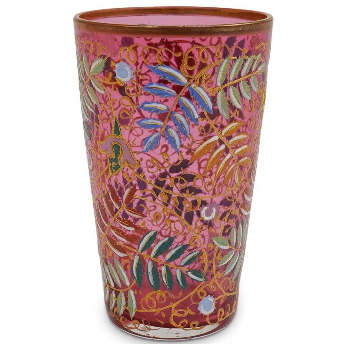 Moser Tumbler Juice Glass Gold Enamel Decor 3.25 Inch Tall 1800's Signed