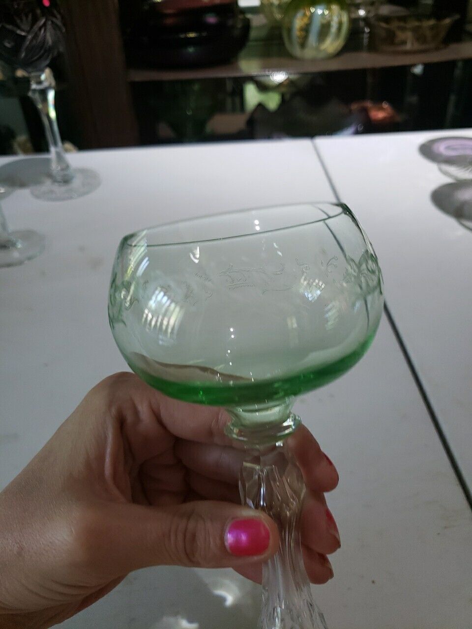 Wine Roemer Glass Goblet Hock c1900 Saint Louis Crystal Uranium Green etch bubbl
