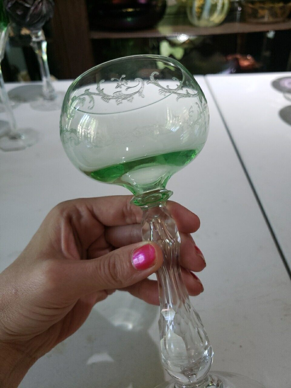 Wine Roemer Glass Goblet Hock c1900 Saint Louis Crystal Uranium Green etch bubbl