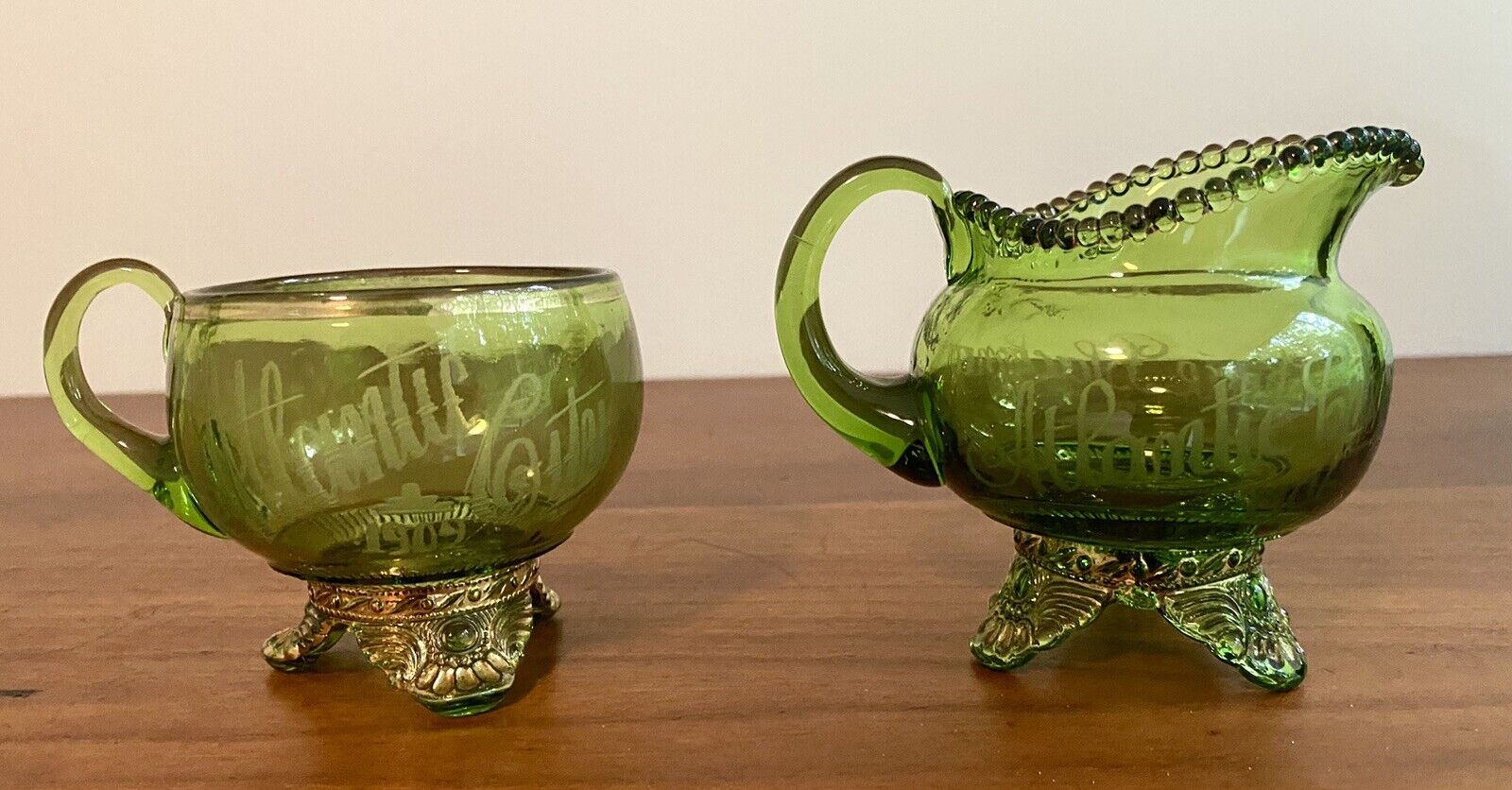 Antique Early 1900’s Green Carnival Glass Cream & Sugar Atlantic City Boardwalk
