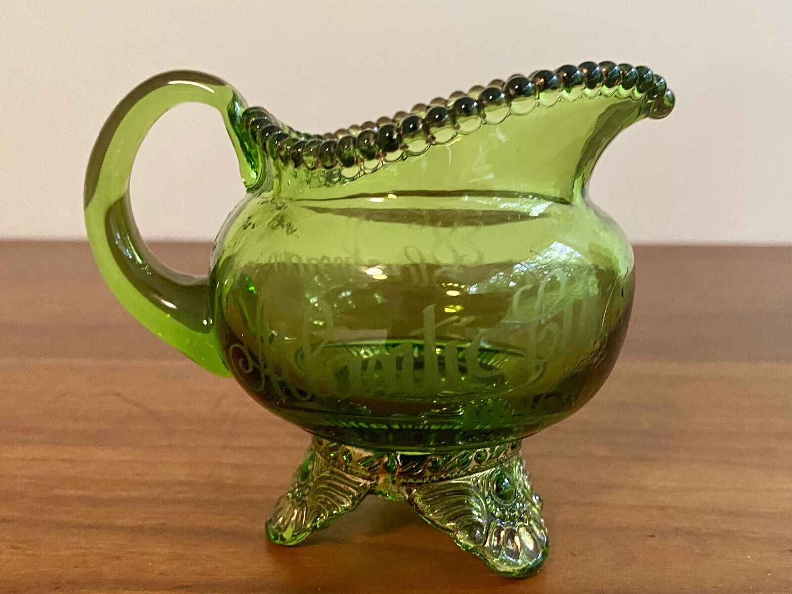 Antique Early 1900’s Green Carnival Glass Cream & Sugar Atlantic City Boardwalk