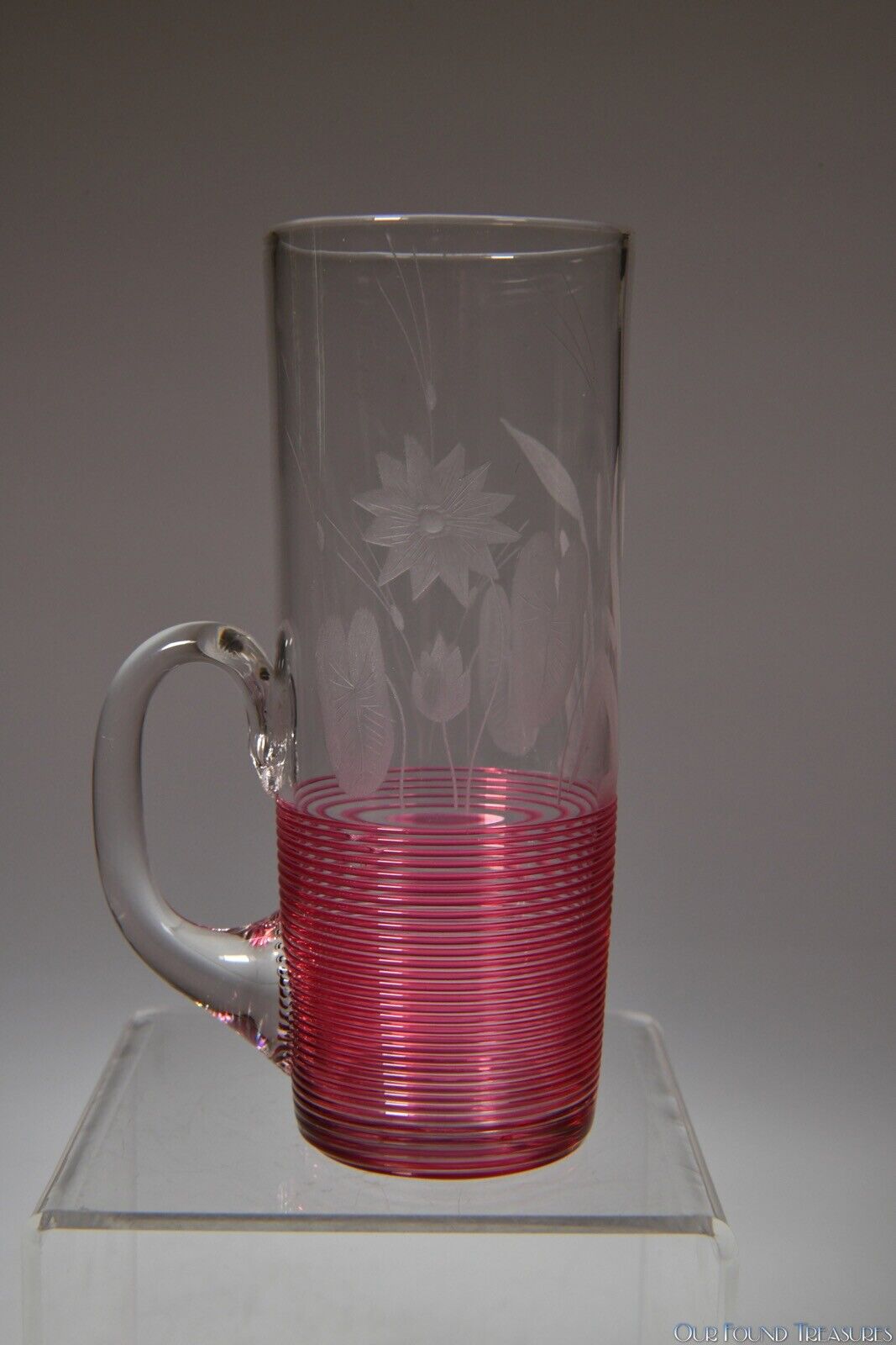 4Q 1800s SANDWICH BLOWN, THREADED, AND WATER LILY & CATTAILS ENGRAVED HORN GLASS