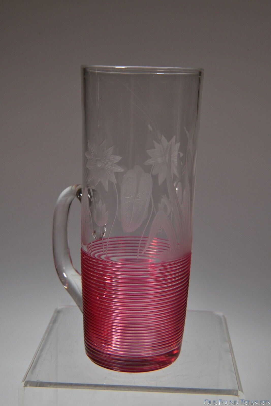 4Q 1800s SANDWICH BLOWN, THREADED, AND WATER LILY & CATTAILS ENGRAVED HORN GLASS