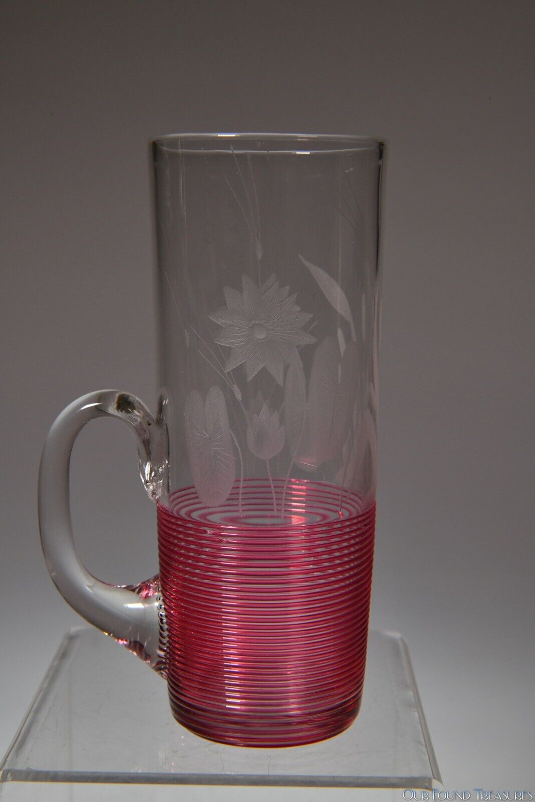 4Q 1800s SANDWICH BLOWN, THREADED, AND WATER LILY & CATTAILS ENGRAVED HORN GLASS