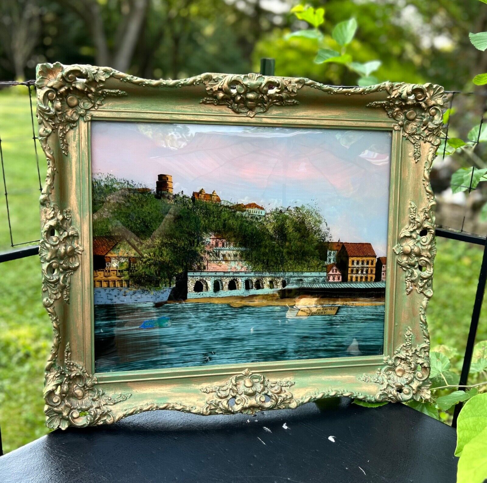 Antique Large Green Gold Gesso Frame with Glass Reverse Painting Castle Germany