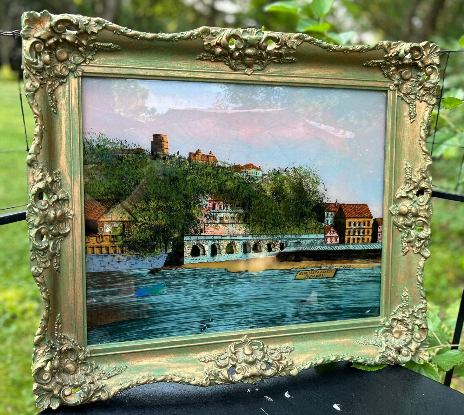Antique Large Green Gold Gesso Frame with Glass Reverse Painting Castle Germany