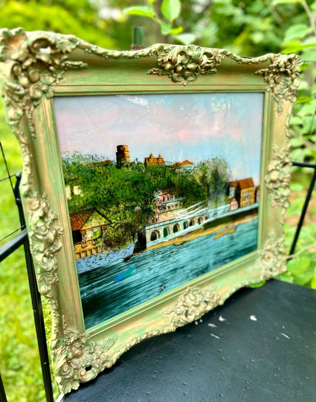 Antique Large Green Gold Gesso Frame with Glass Reverse Painting Castle Germany