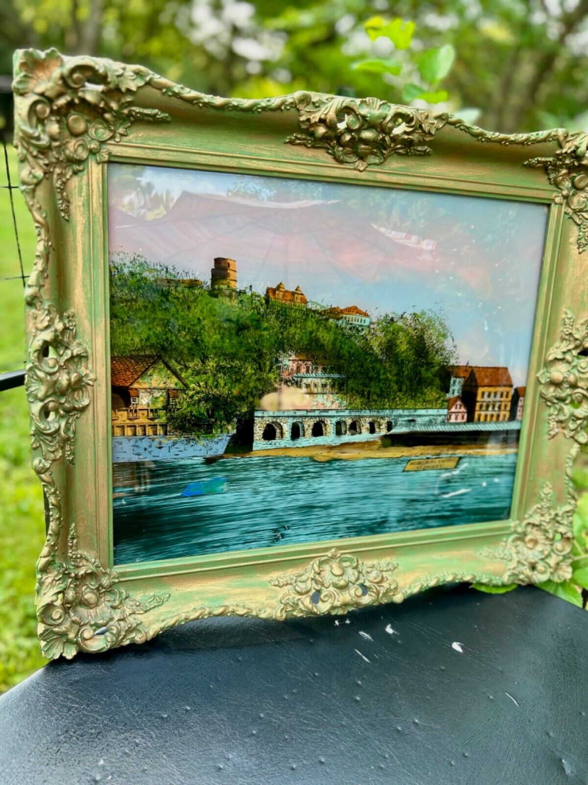 Antique Large Green Gold Gesso Frame with Glass Reverse Painting Castle Germany