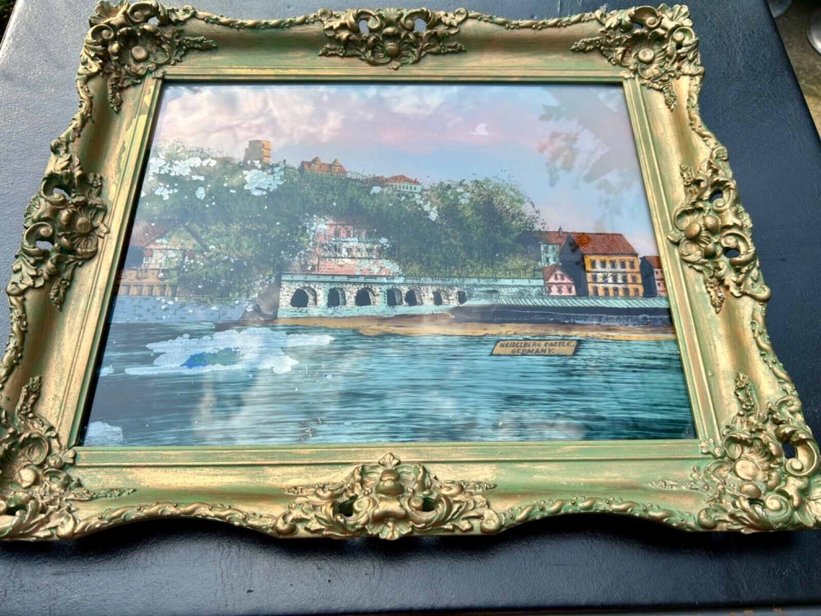 Antique Large Green Gold Gesso Frame with Glass Reverse Painting Castle Germany