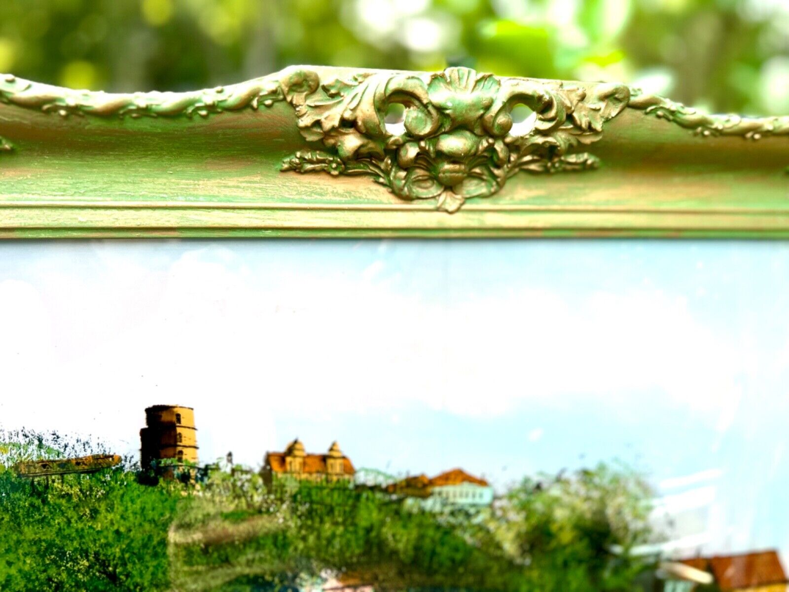 Antique Large Green Gold Gesso Frame with Glass Reverse Painting Castle Germany