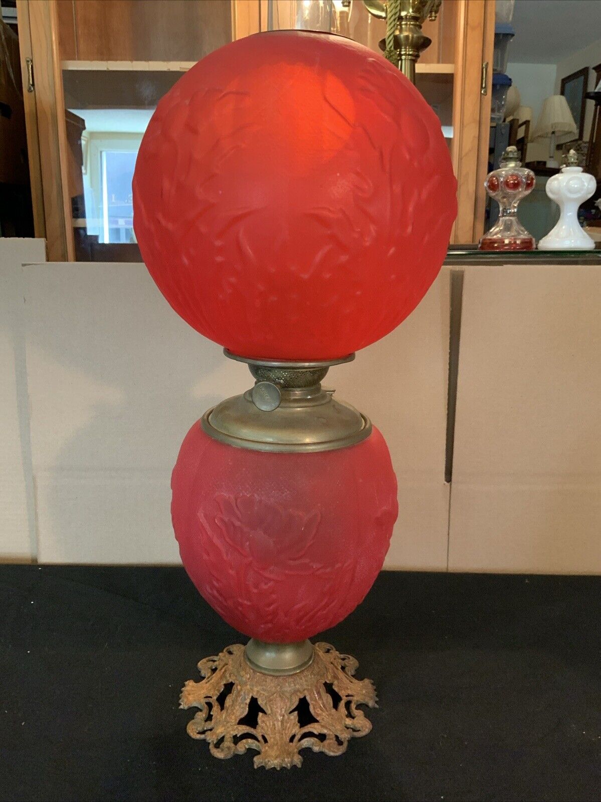 Vintage Antique Pittsburgh Red Satin Glass Poppy Flowers GWTW Oil Lamp