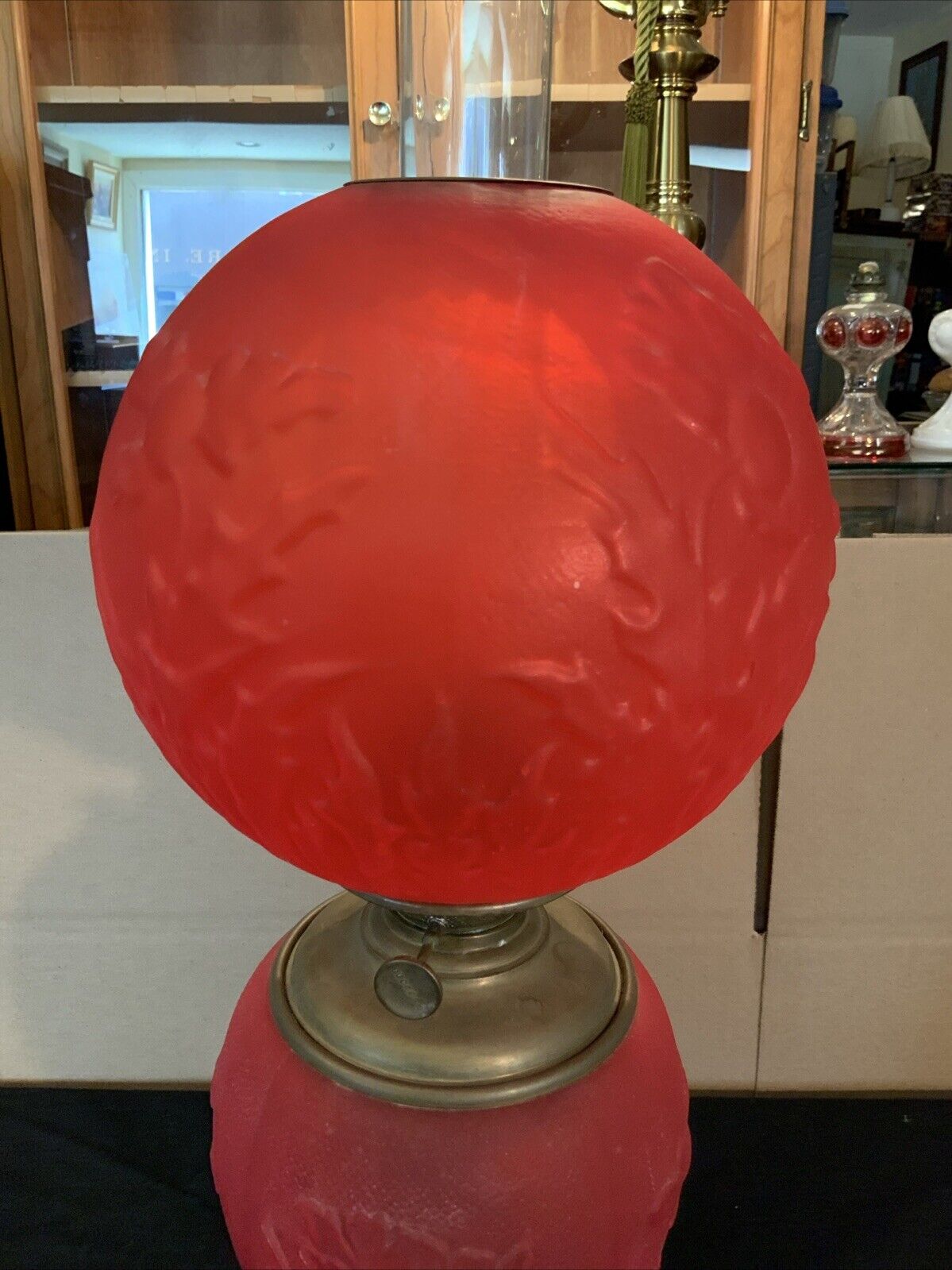Vintage Antique Pittsburgh Red Satin Glass Poppy Flowers GWTW Oil Lamp