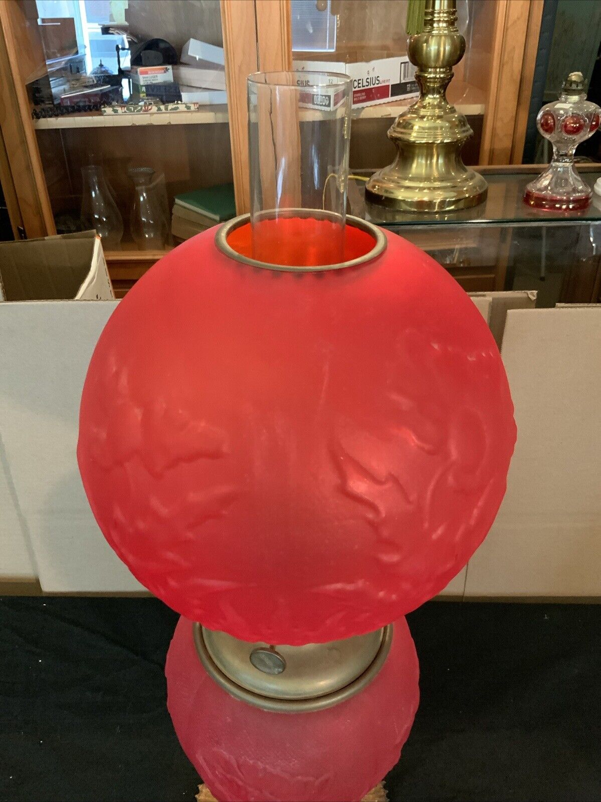 Vintage Antique Pittsburgh Red Satin Glass Poppy Flowers GWTW Oil Lamp