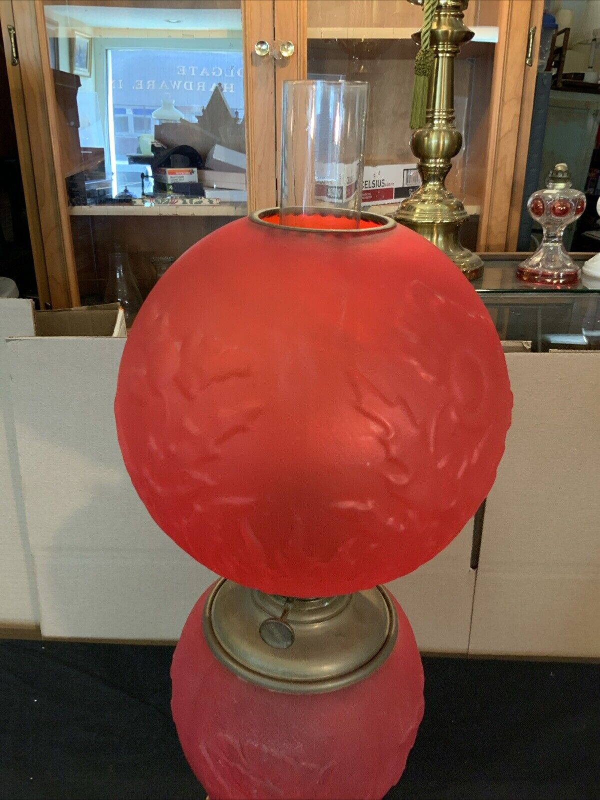 Vintage Antique Pittsburgh Red Satin Glass Poppy Flowers GWTW Oil Lamp