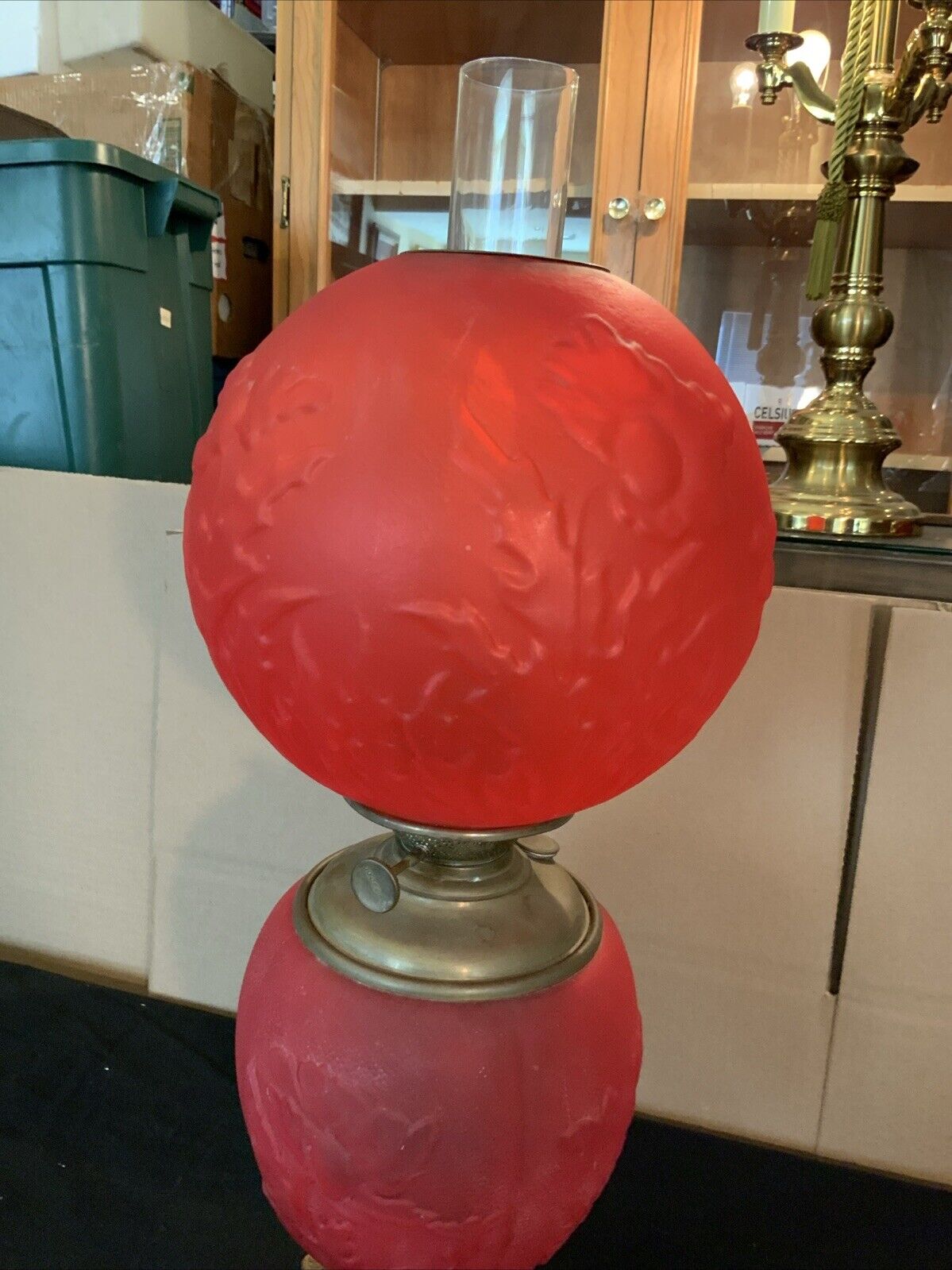 Vintage Antique Pittsburgh Red Satin Glass Poppy Flowers GWTW Oil Lamp