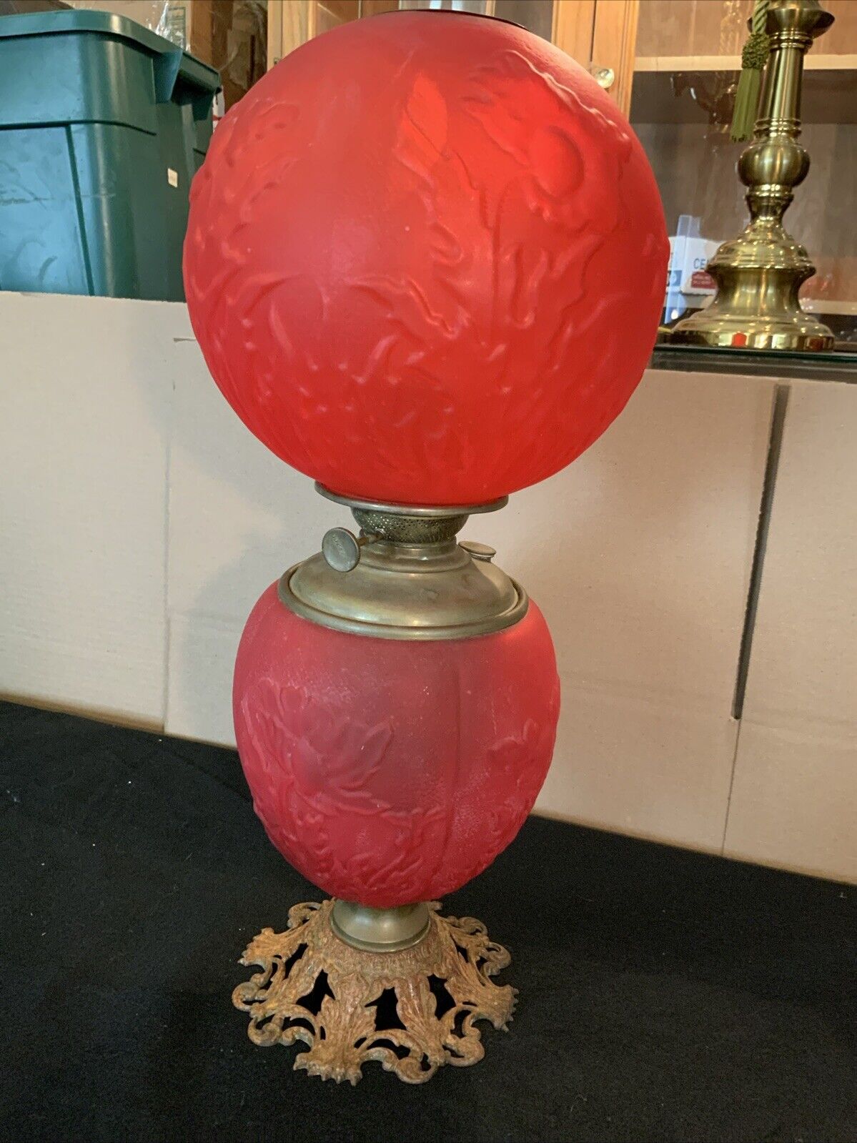 Vintage Antique Pittsburgh Red Satin Glass Poppy Flowers GWTW Oil Lamp