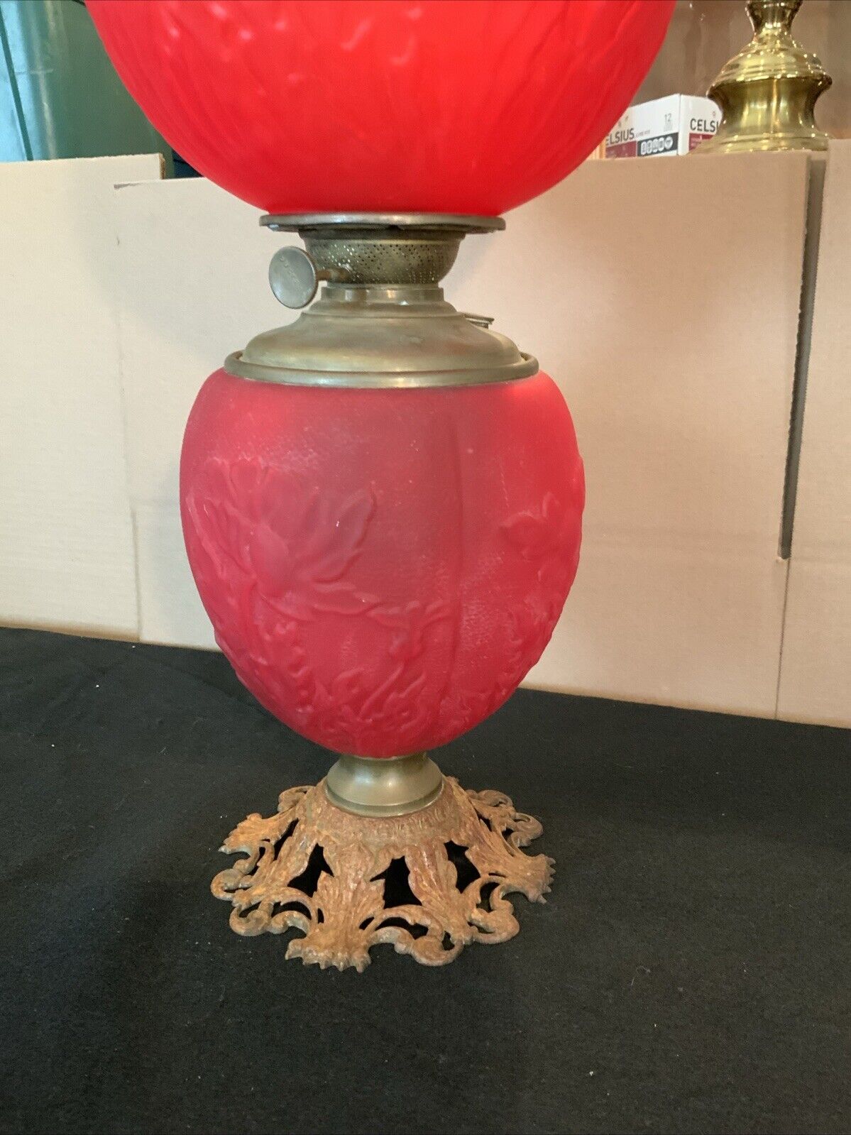 Vintage Antique Pittsburgh Red Satin Glass Poppy Flowers GWTW Oil Lamp