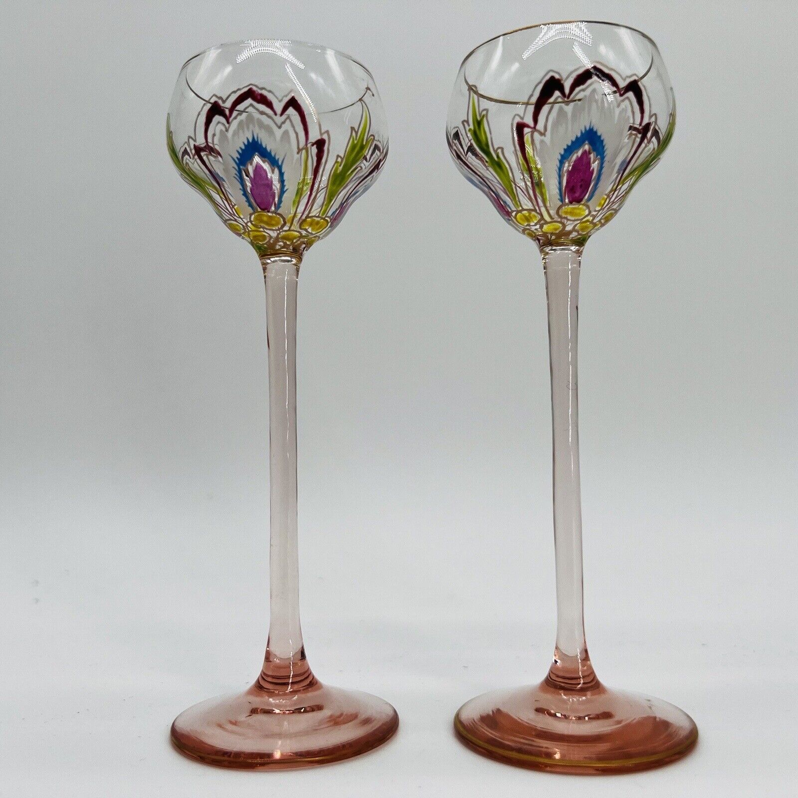 2 Antique Theresienthal Myers Neffe Cordial Glasses Enameled Art Nouveau c.1900