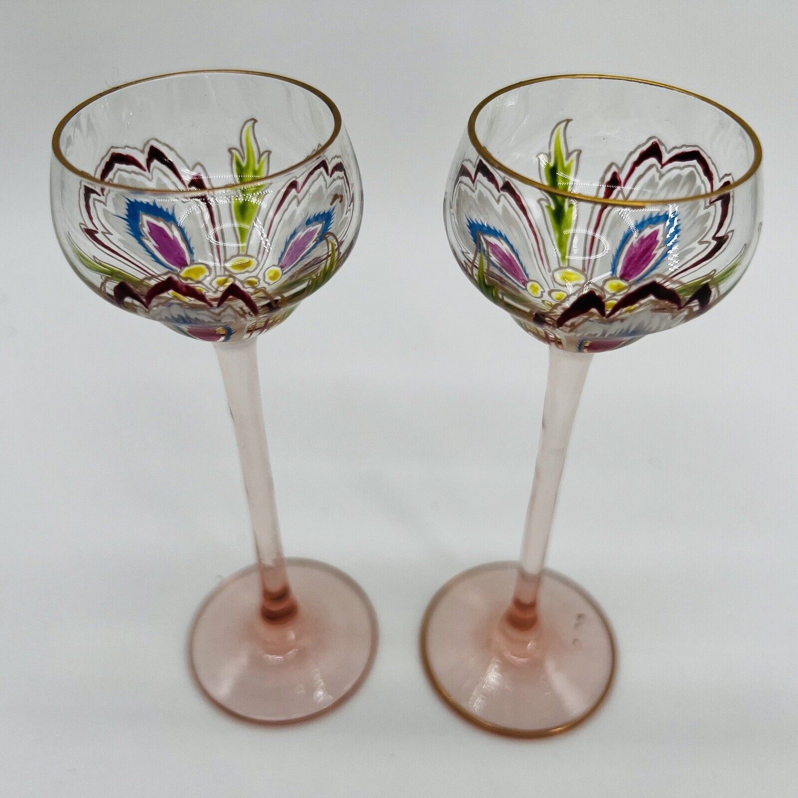 2 Antique Theresienthal Myers Neffe Cordial Glasses Enameled Art Nouveau c.1900