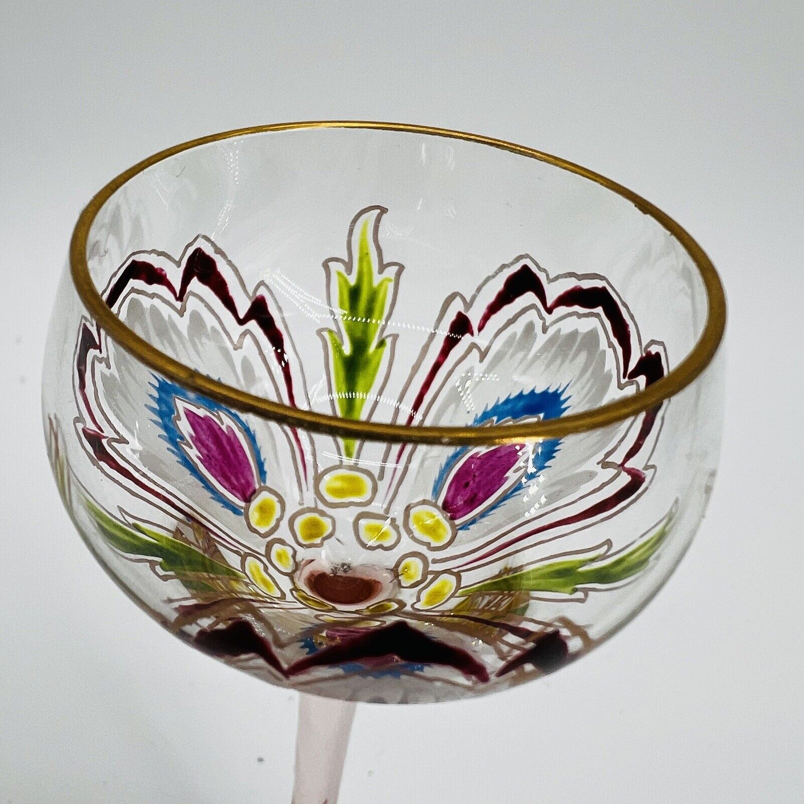 2 Antique Theresienthal Myers Neffe Cordial Glasses Enameled Art Nouveau c.1900