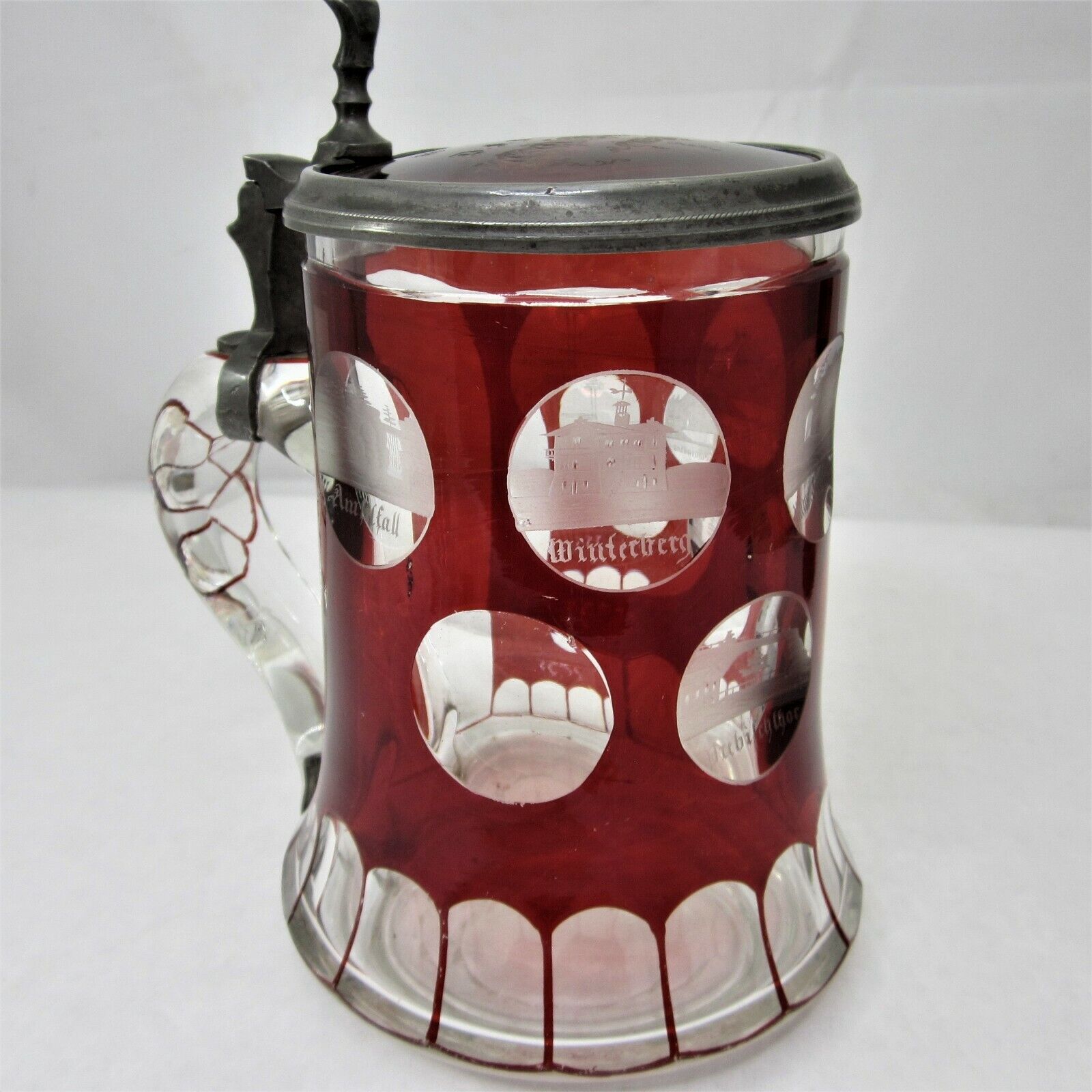 1800s Bohemian Biedermeier Ruby Cut t Clear Glass Engraved Tankard Stein Scenic