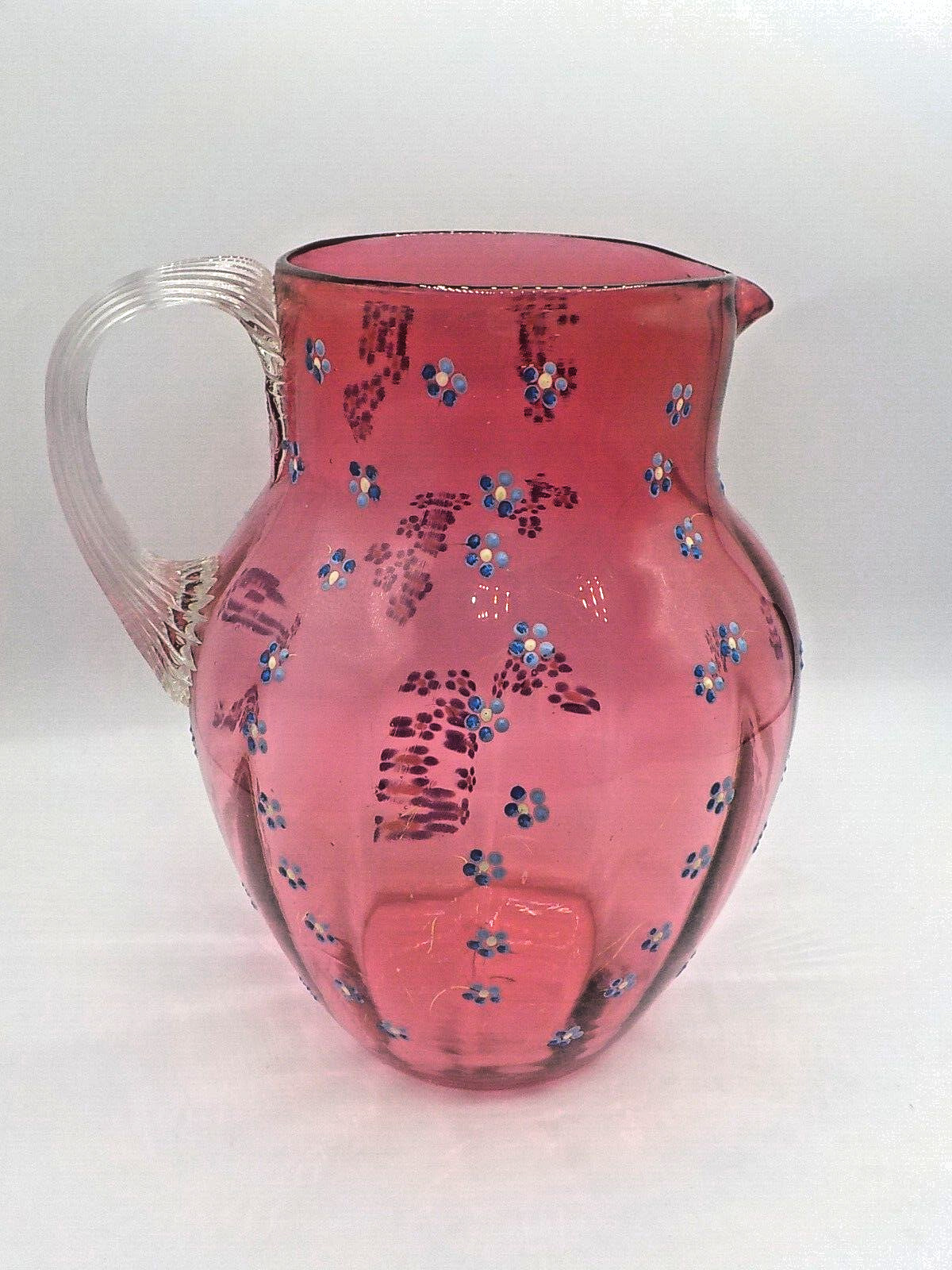 Victorian Antique 1800's Hand Blown & Enamel Painted Cranberry Glass Pitcher