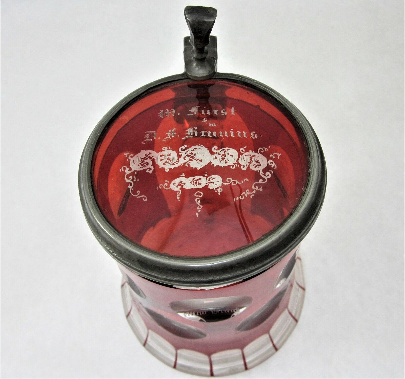 1800s Bohemian Biedermeier Ruby Cut t Clear Glass Engraved Tankard Stein Scenic