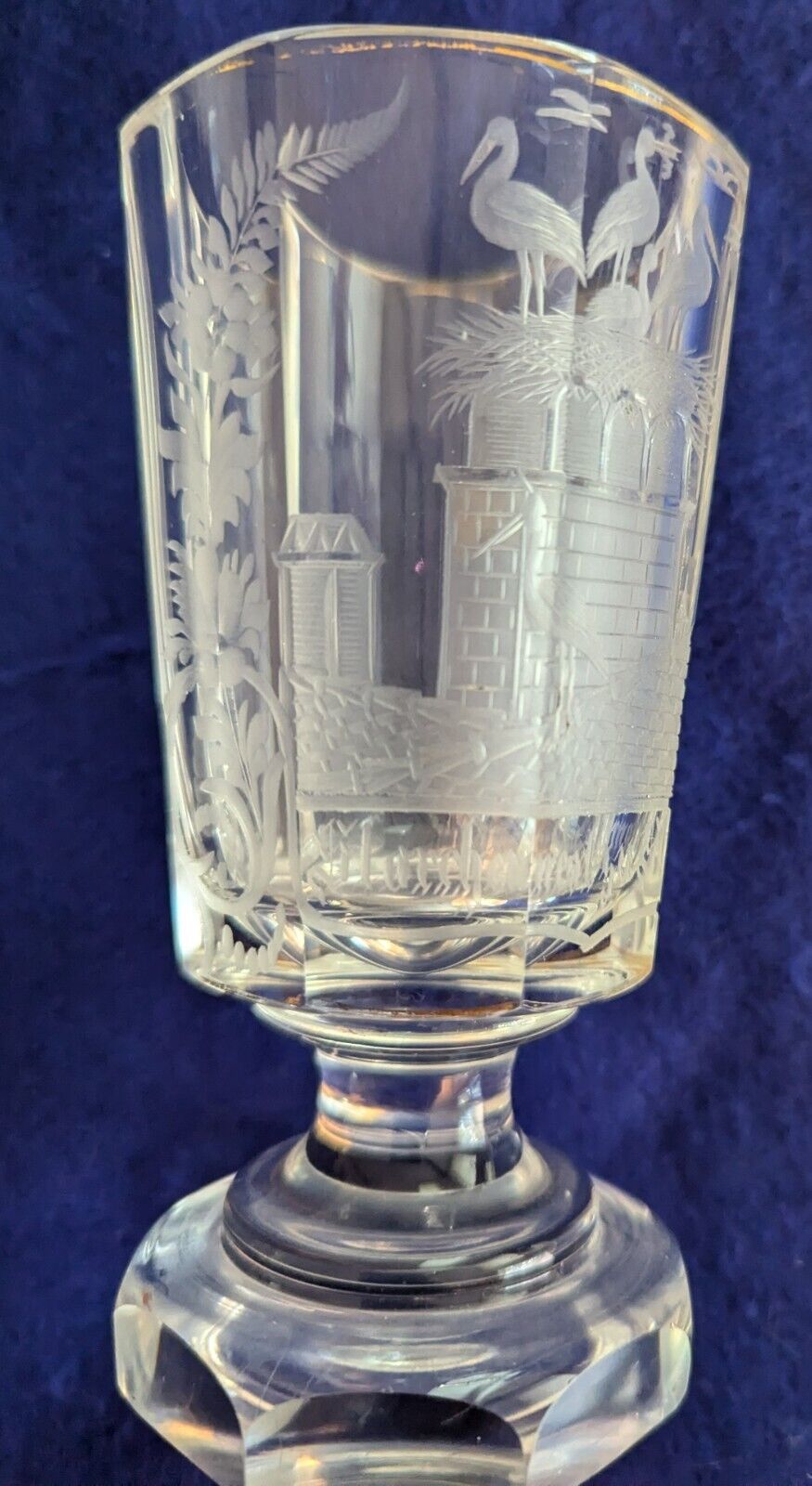 Antique Moser Cut Glass Goblet Ale Glass Mid 1800s Storks Straussberg 5.25"