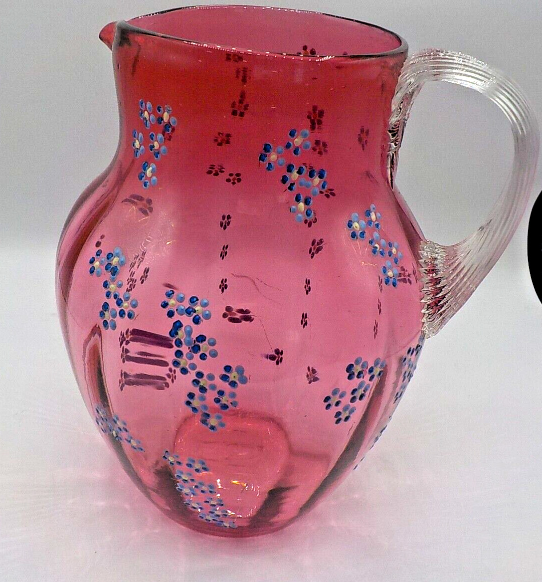 Victorian Antique 1800's Hand Blown & Enamel Painted Cranberry Glass Pitcher