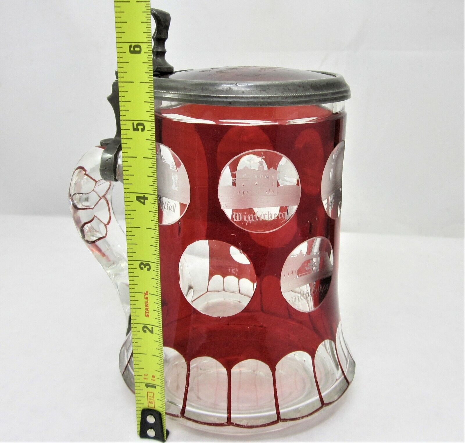 1800s Bohemian Biedermeier Ruby Cut t Clear Glass Engraved Tankard Stein Scenic