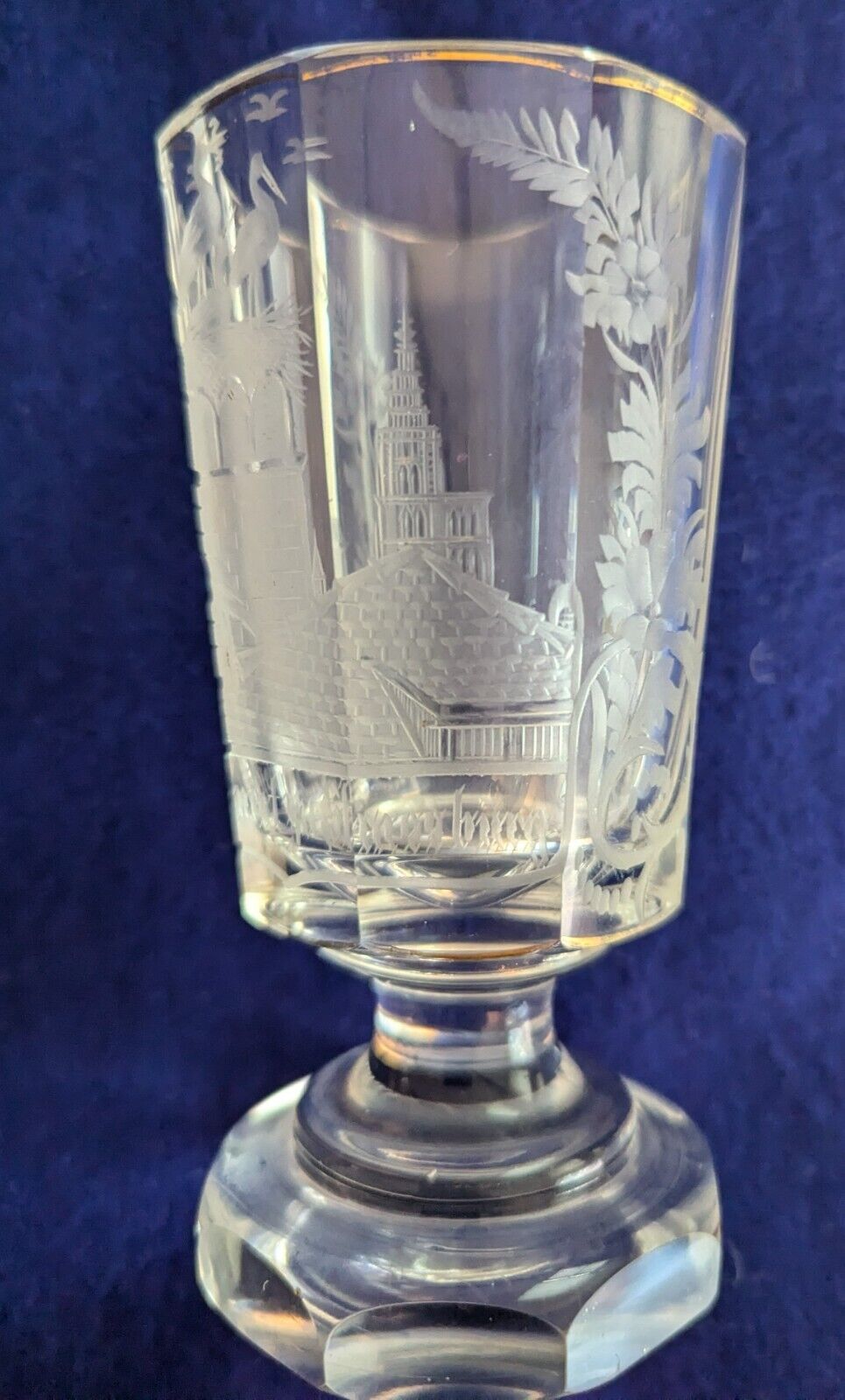 Antique Moser Cut Glass Goblet Ale Glass Mid 1800s Storks Straussberg 5.25"