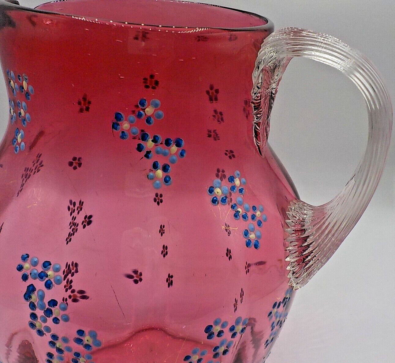 Victorian Antique 1800's Hand Blown & Enamel Painted Cranberry Glass Pitcher