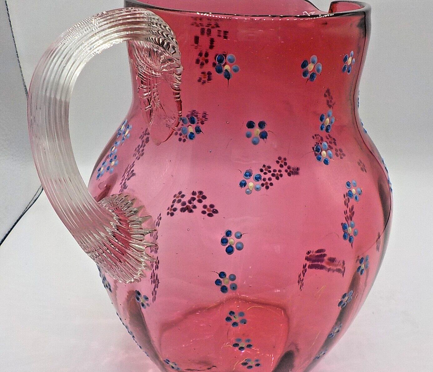 Victorian Antique 1800's Hand Blown & Enamel Painted Cranberry Glass Pitcher